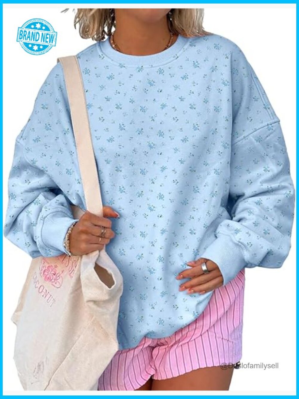 Oversized Ditsy Floral Crewneck Sweatshirt Lightweight Fleece Drop Shoulder Y2k
